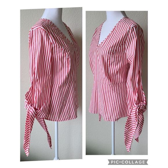 Universal Standard X J Crew Top XS Preppy Work Career Poplin Tie-Sleeve Striped - Picture 5 of 12